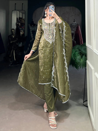 Olive Green Thread Embroidered Mehendi Wear Pant Suit