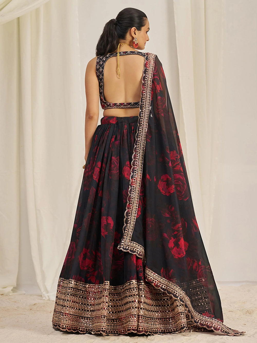 Black Tantalizing Floral Printed Organza Mehendi Wear Lehenga Choli for Women