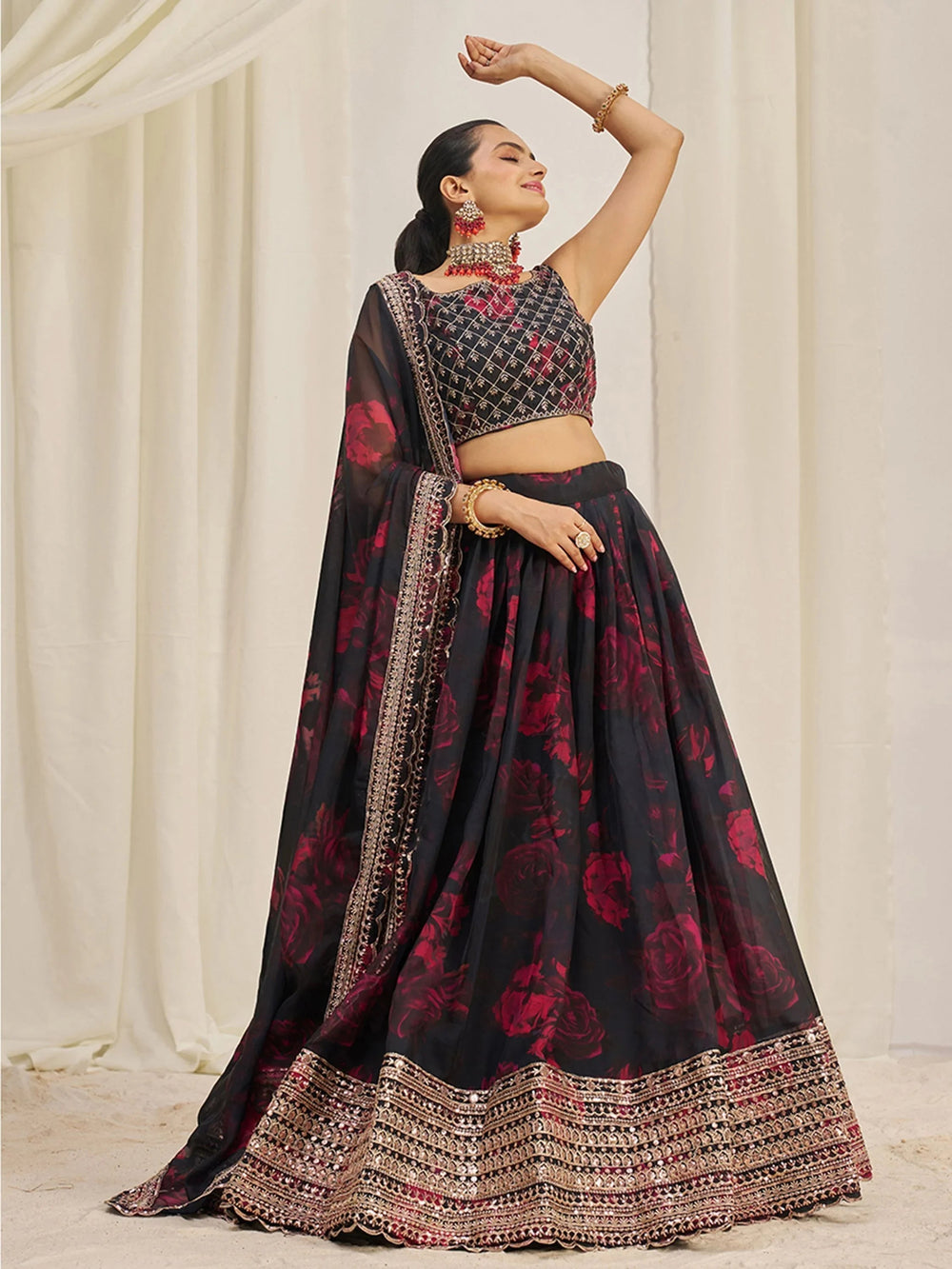 Black Tantalizing Floral Printed Organza Mehendi Wear Lehenga Choli for Women