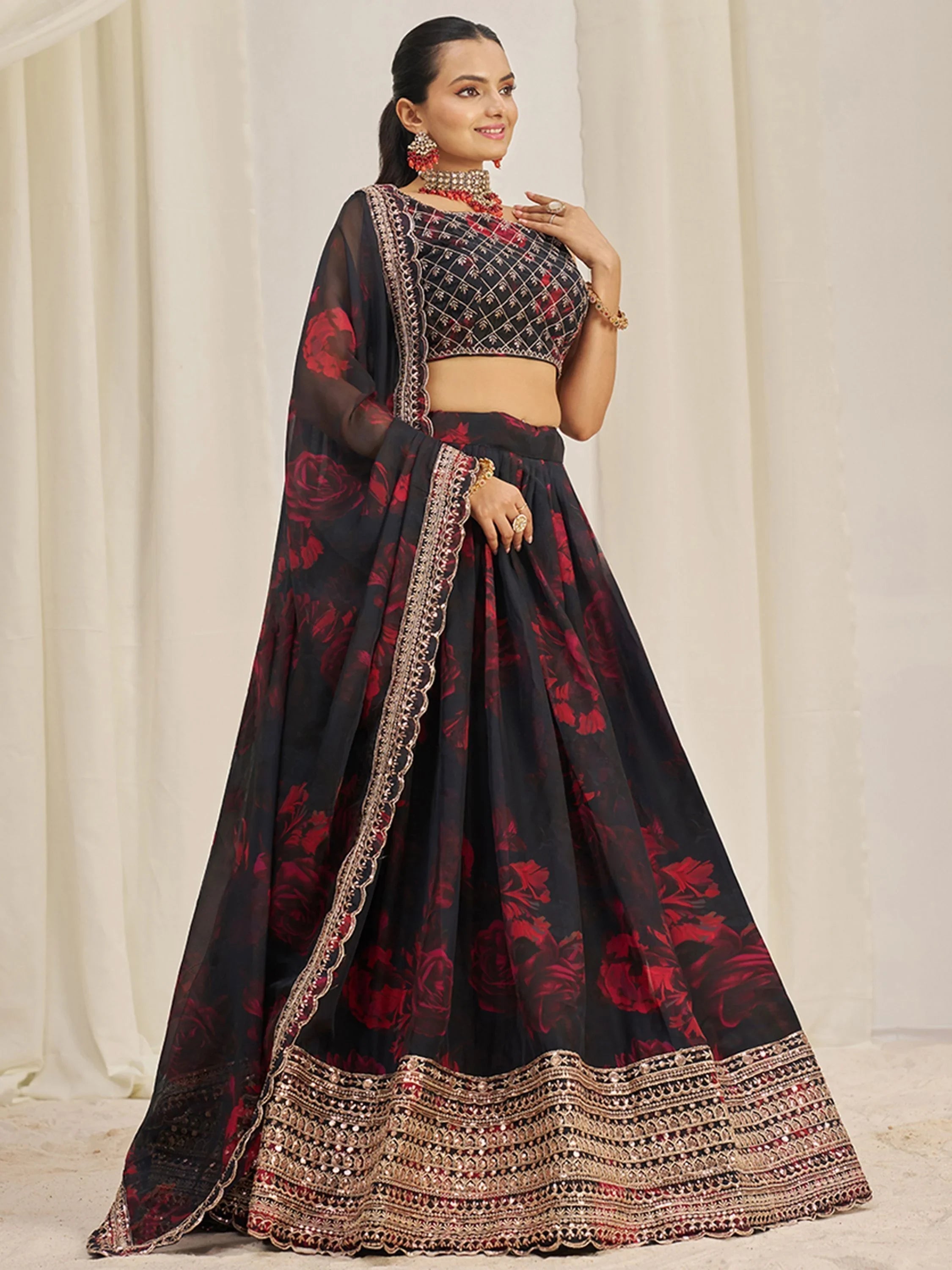Black Tantalizing Floral Printed Organza Mehendi Wear Lehenga Choli for Women