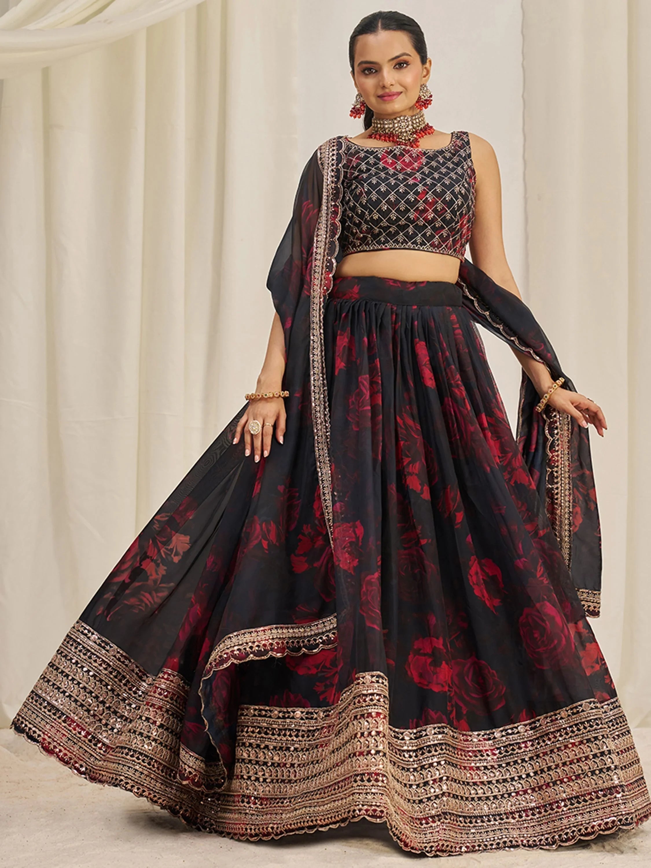 Black Tantalizing Floral Printed Organza Mehendi Wear Lehenga Choli for Women