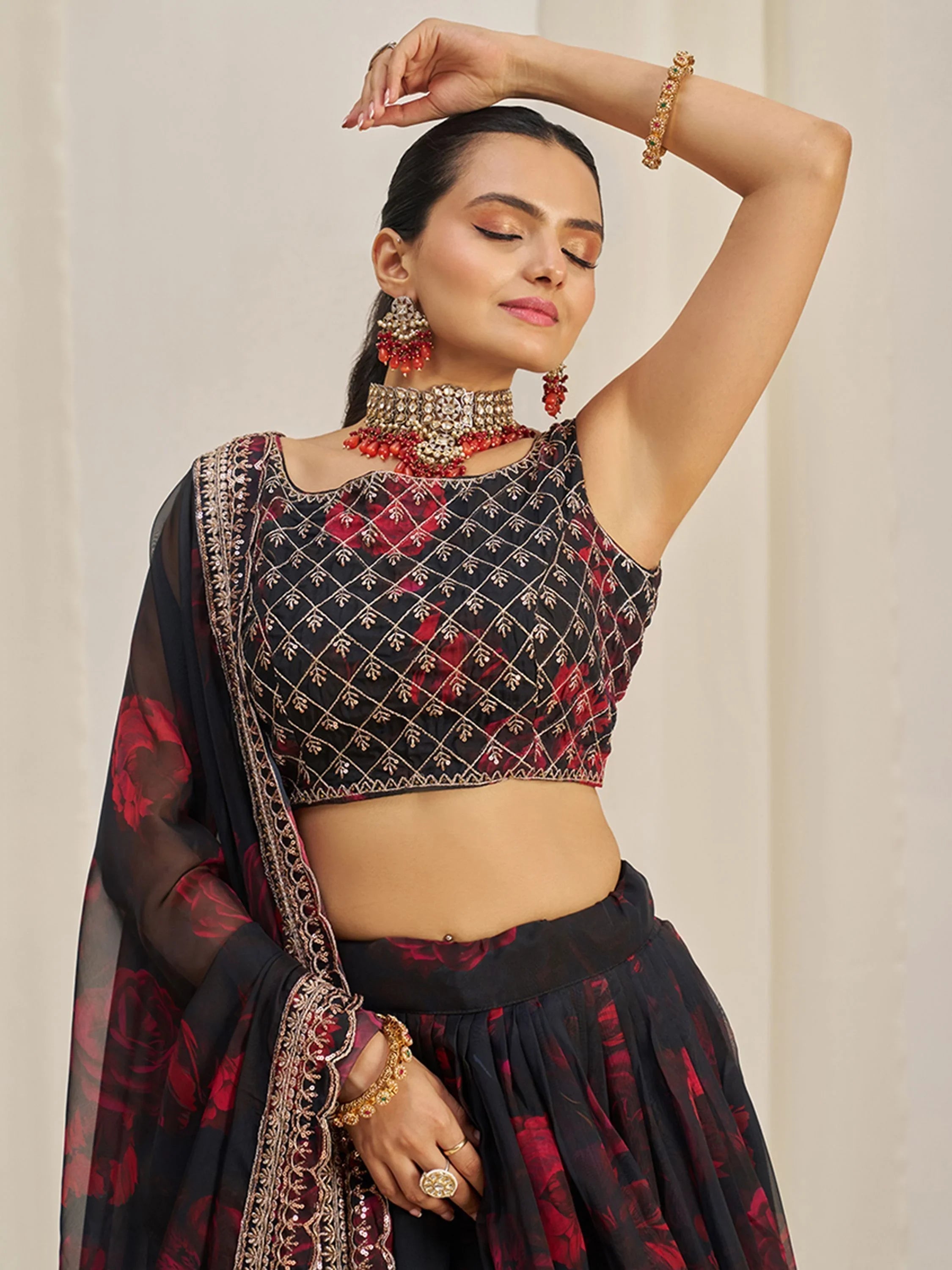 Black Tantalizing Floral Printed Organza Mehendi Wear Lehenga Choli for Women