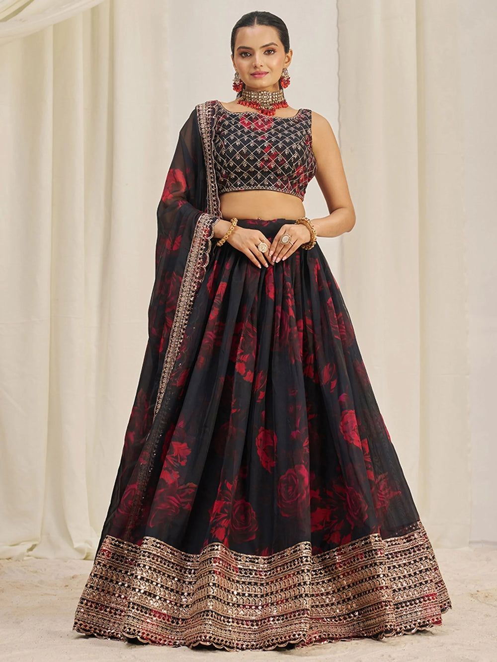 Black Tantalizing Floral Printed Organza Mehendi Wear Lehenga Choli for Women