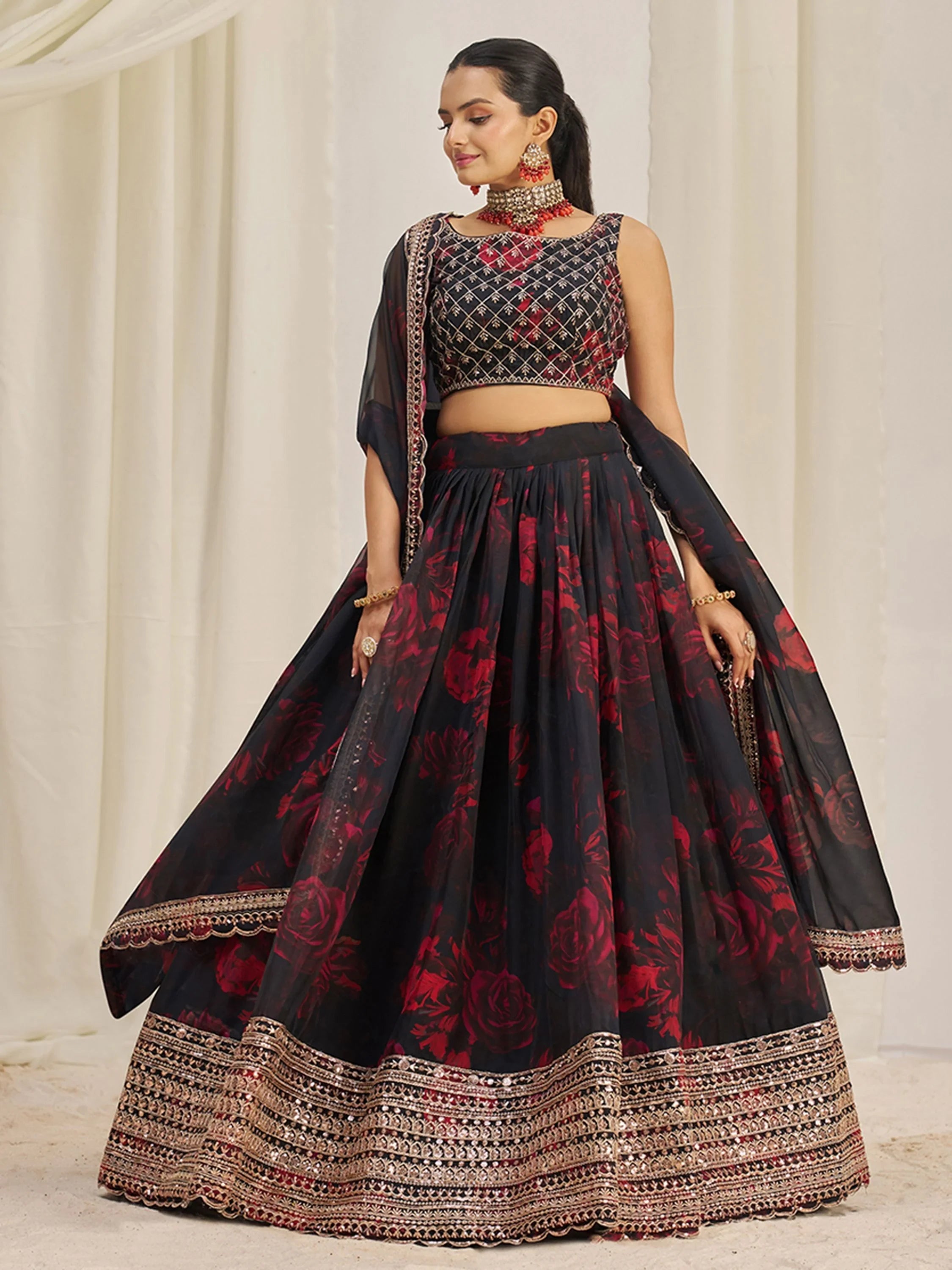 Black Tantalizing Floral Printed Organza Mehendi Wear Lehenga Choli for Women