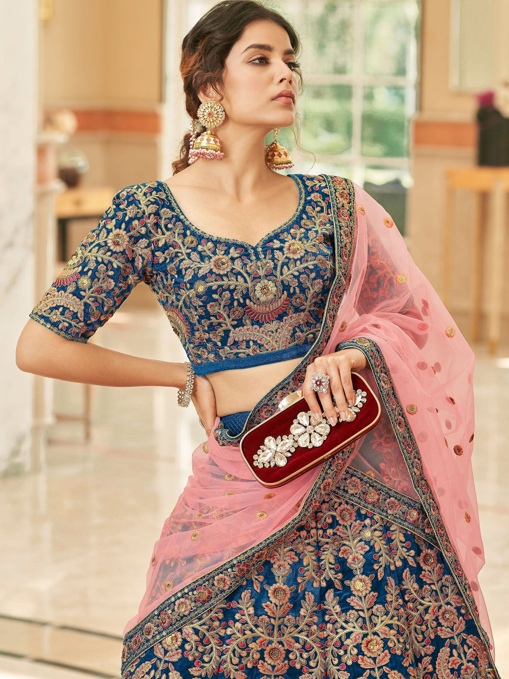 Blue Heavy Embroidered Velvet Wedding Lehenga Choli for Women