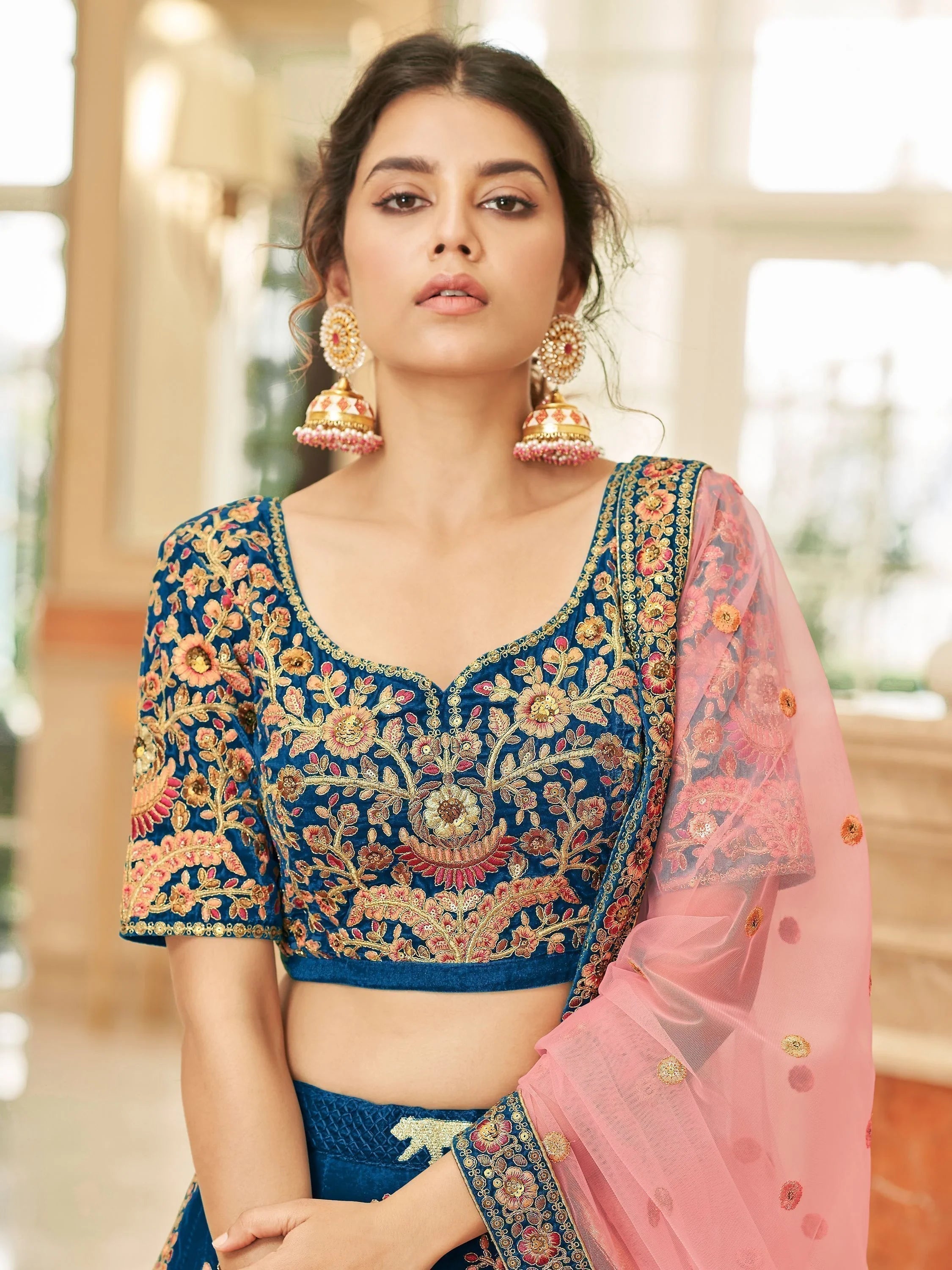 Blue Heavy Embroidered Velvet Wedding Lehenga Choli for Women