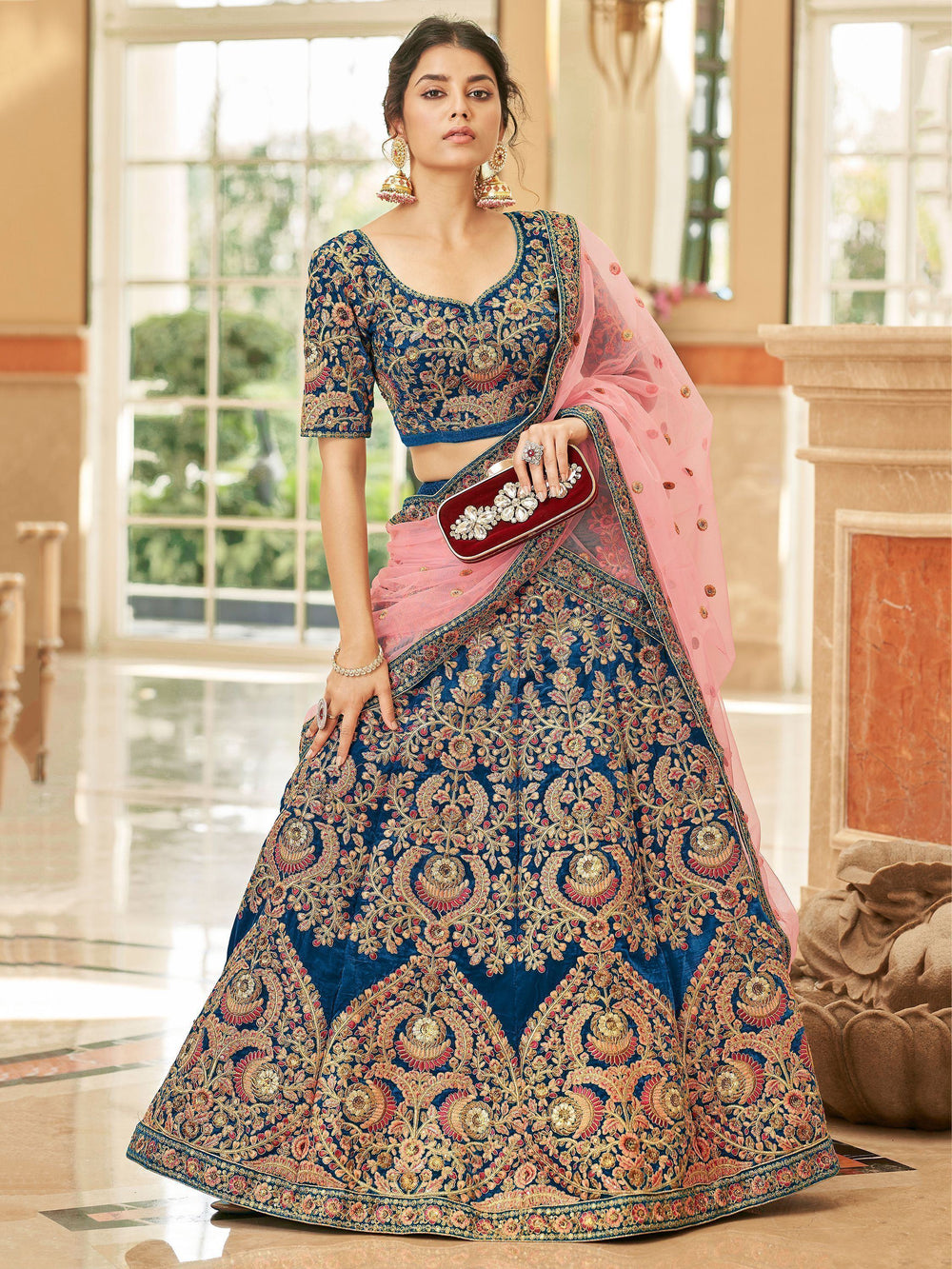 Blue Heavy Embroidered Velvet Wedding Lehenga Choli for Women