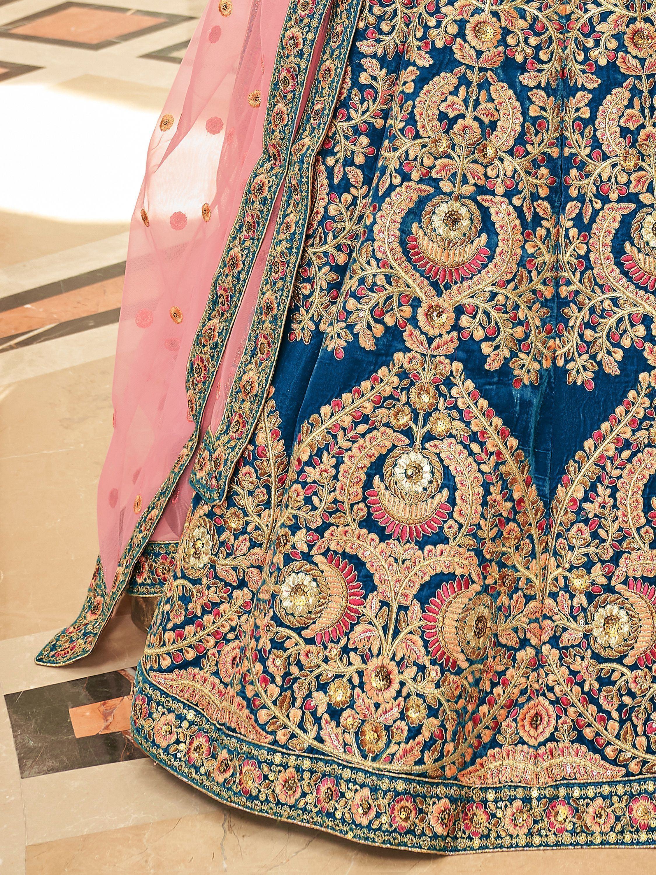 Blue Heavy Embroidered Velvet Wedding Lehenga Choli for Women