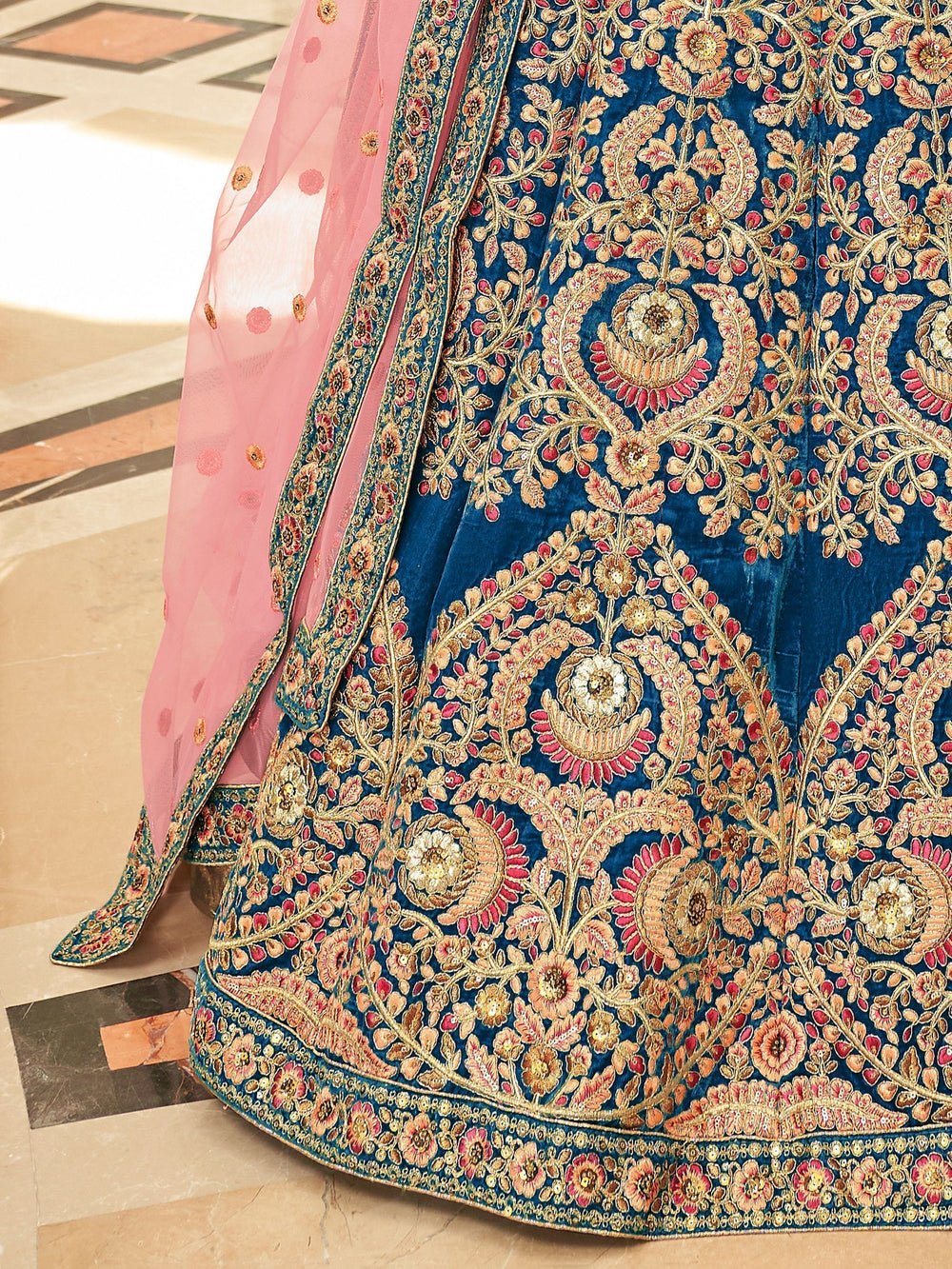 Blue Heavy Embroidered Velvet Wedding Lehenga Choli for Women