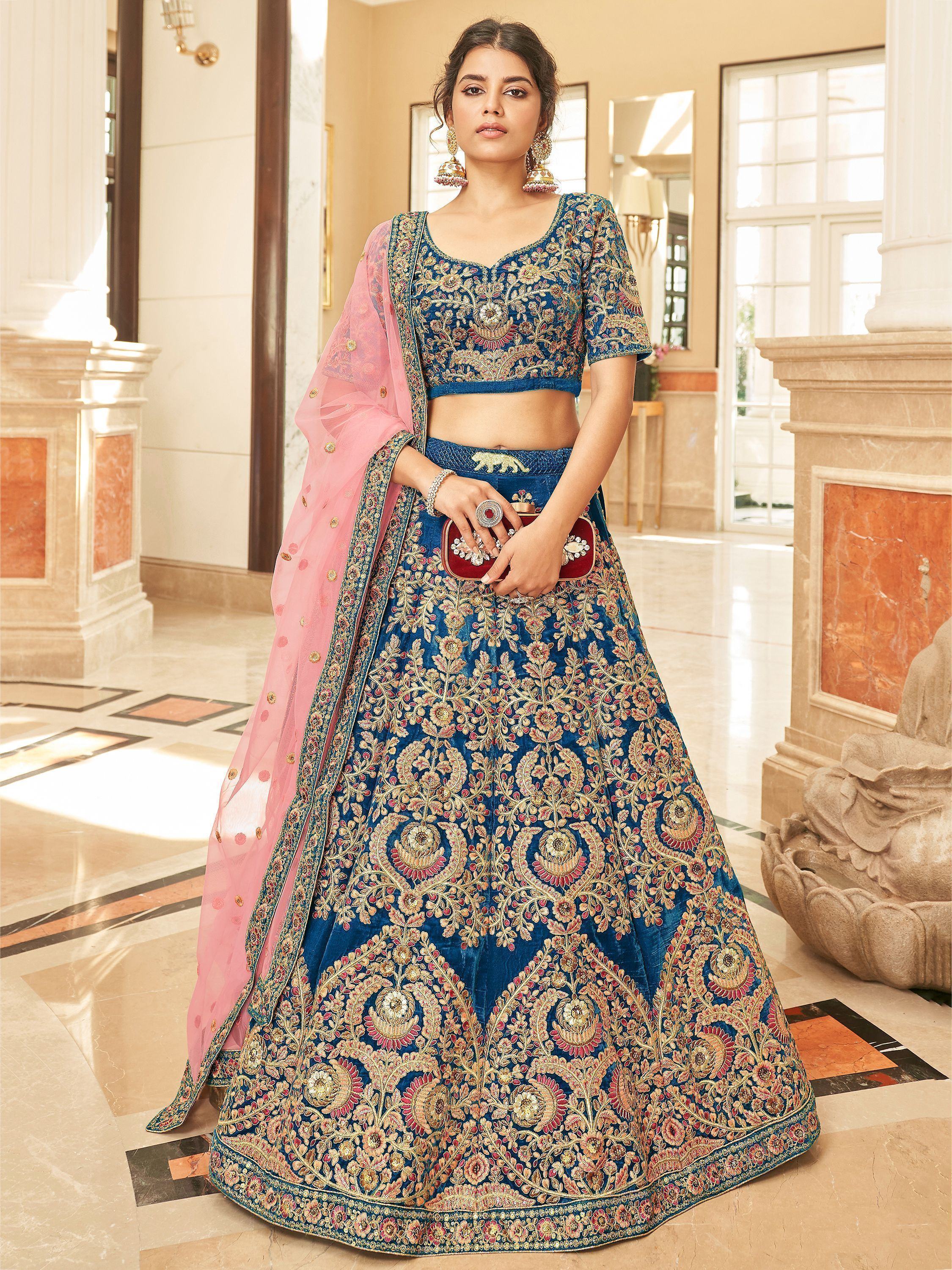 Blue Heavy Embroidered Velvet Wedding Lehenga Choli for Women