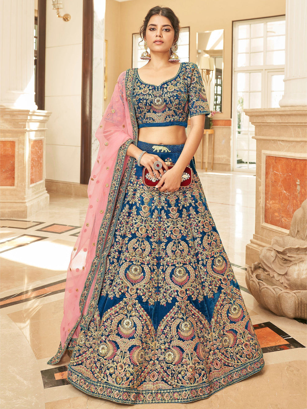 Blue Heavy Embroidered Velvet Wedding Lehenga Choli for Women