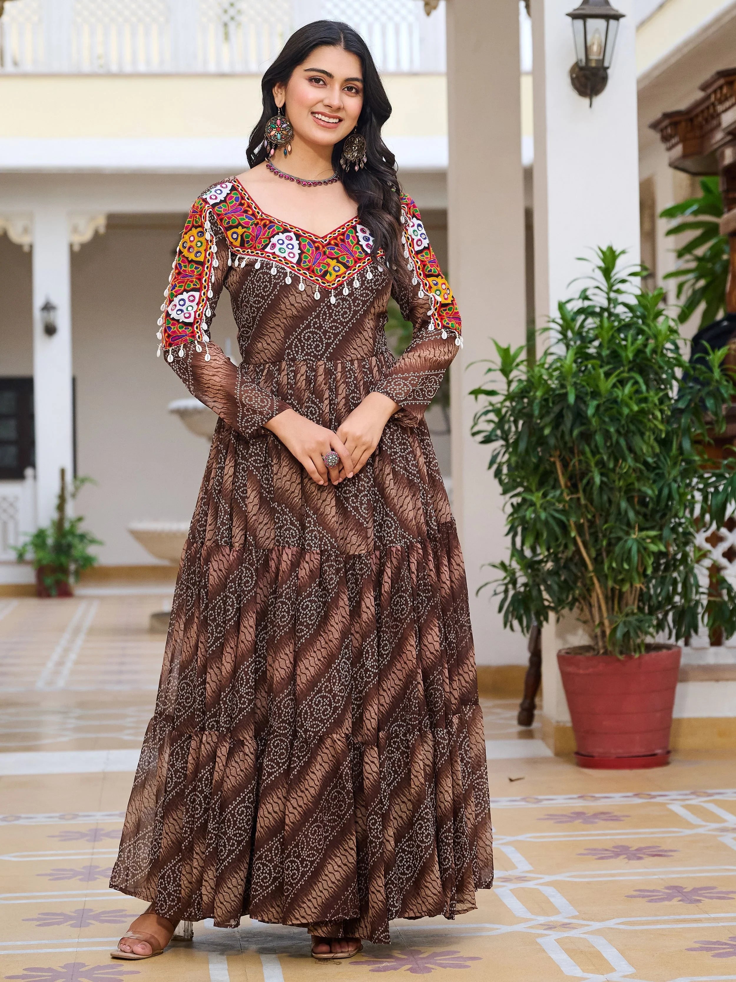 Brown Georgette Mirror Work Traditional Indian Gown for Women