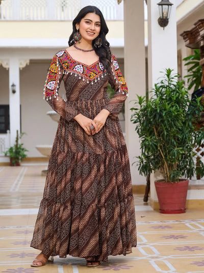 Brown Georgette Mirror Work Traditional Indian Gown for Women
