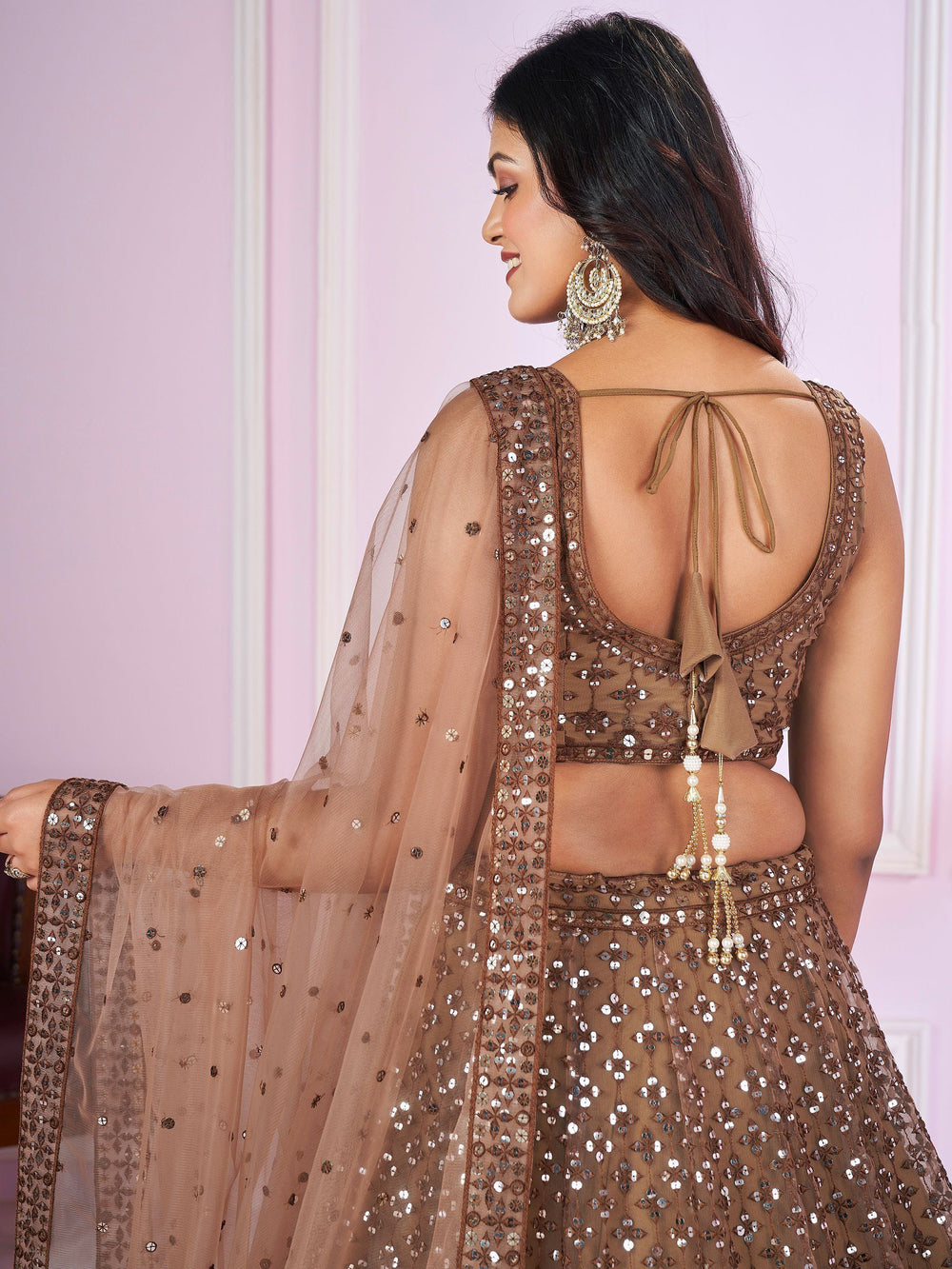 Brown Sequins Soft Net Engagement Lehenga Choli for Women