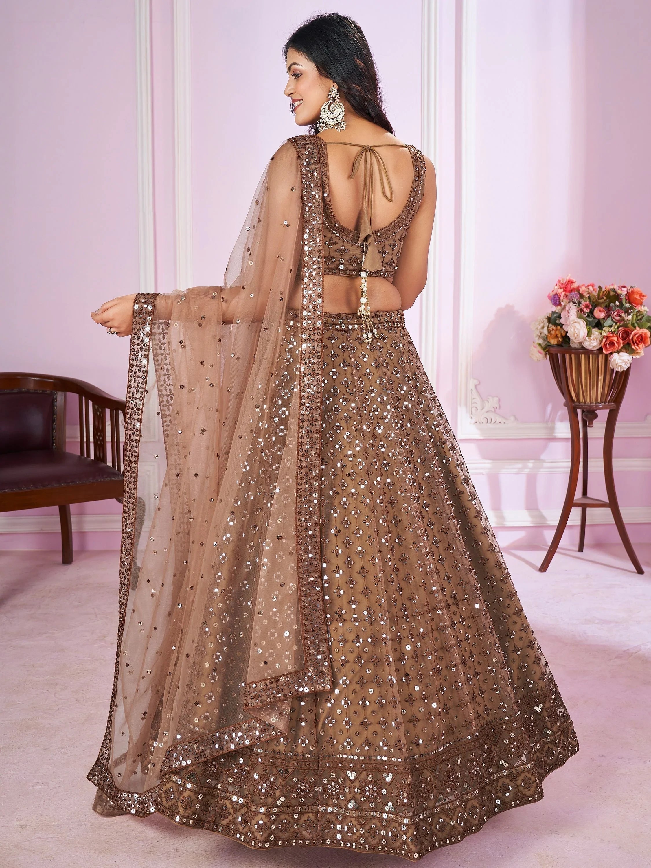 Brown Sequins Soft Net Engagement Lehenga Choli for Women