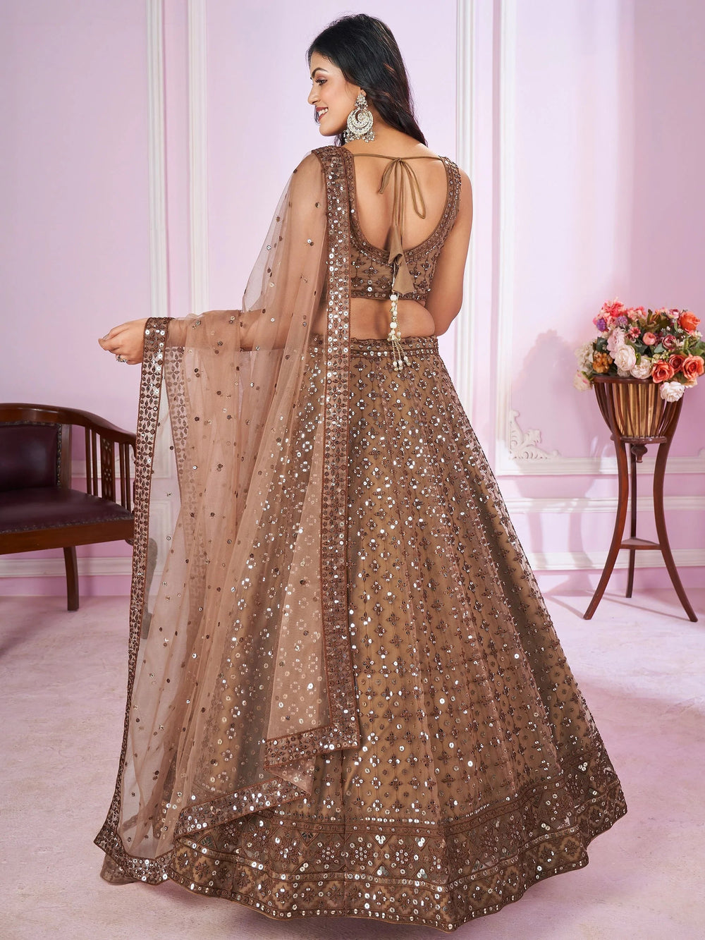 Brown Sequins Soft Net Engagement Lehenga Choli for Women