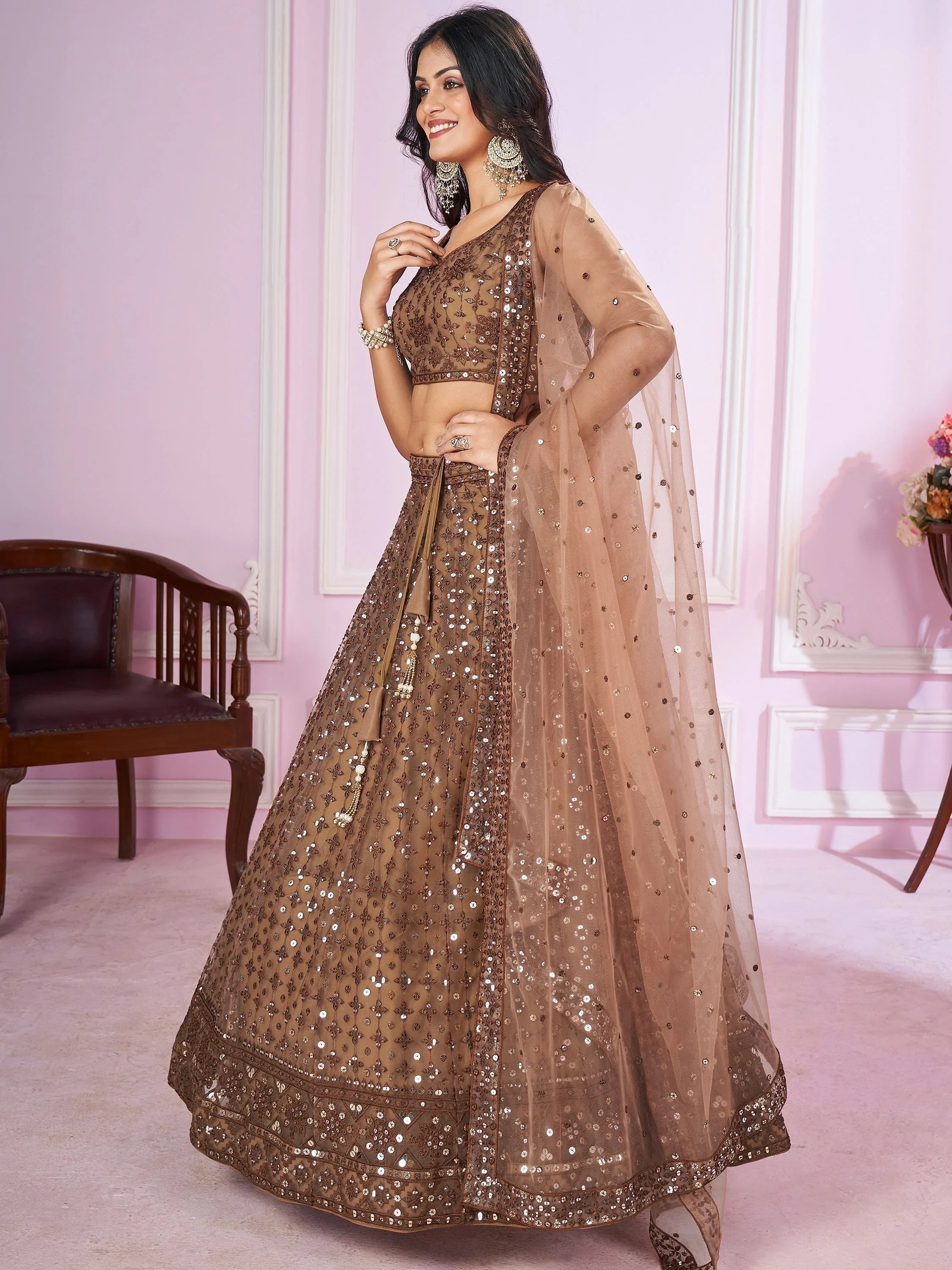 Brown Sequins Soft Net Engagement Lehenga Choli for Women
