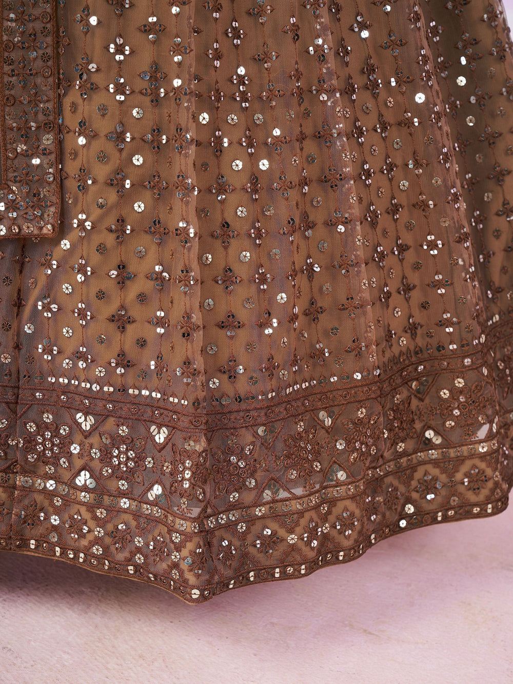 Brown Sequins Soft Net Engagement Lehenga Choli for Women
