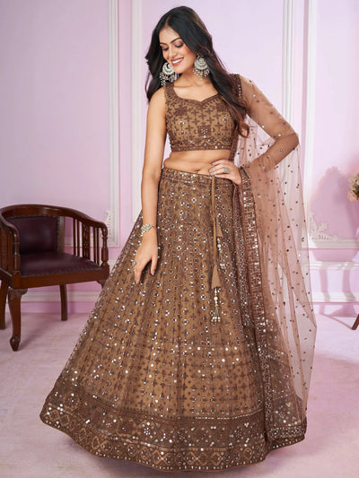 Brown Sequins Soft Net Engagement Lehenga Choli for Women