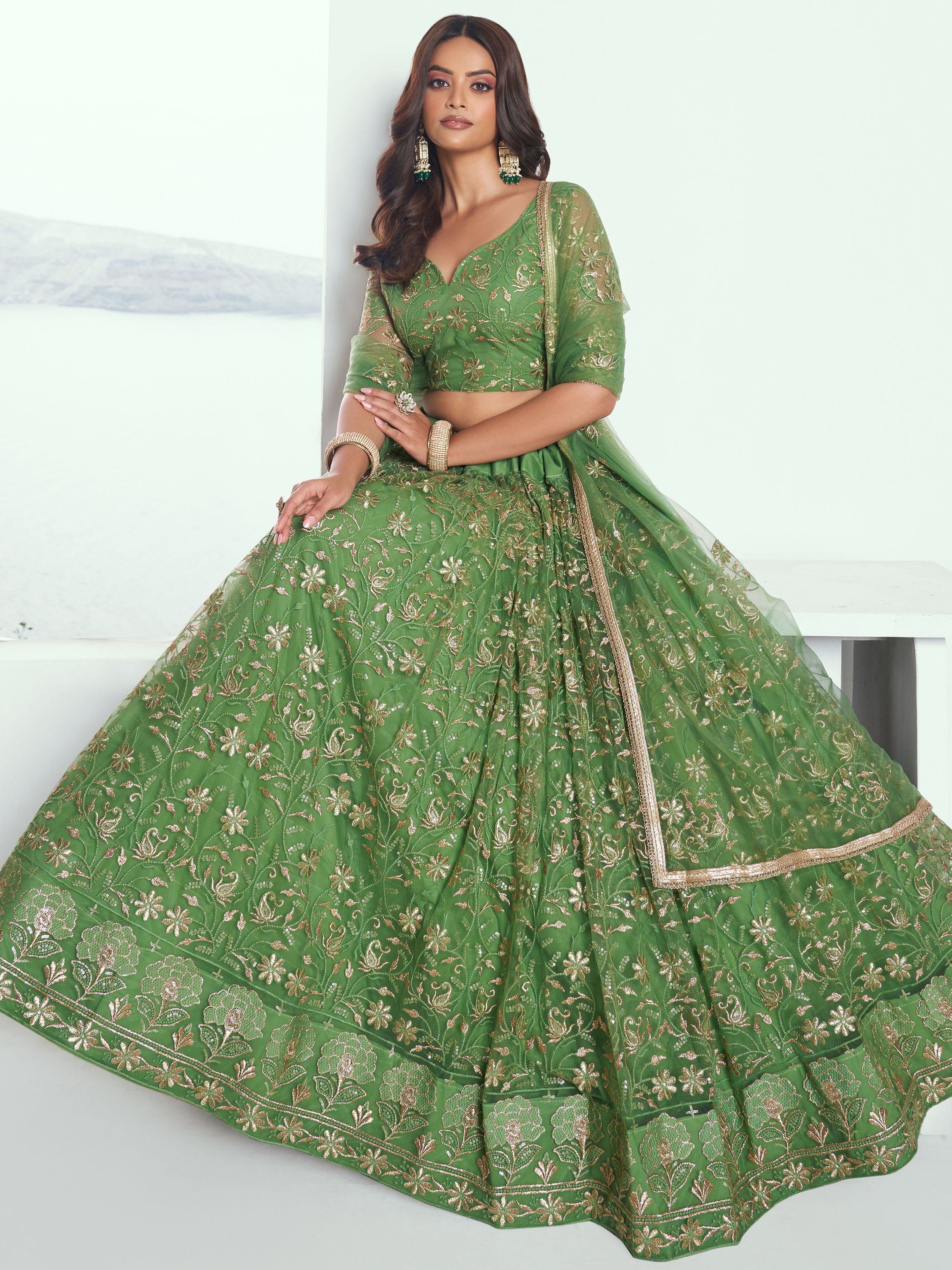 Green Color Embroidered Net Mehendi Wear Lehenga Choli for Women