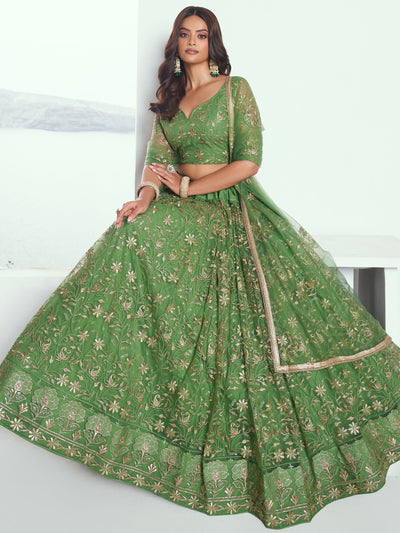 Green Color Embroidered Net Mehendi Wear Lehenga Choli for Women