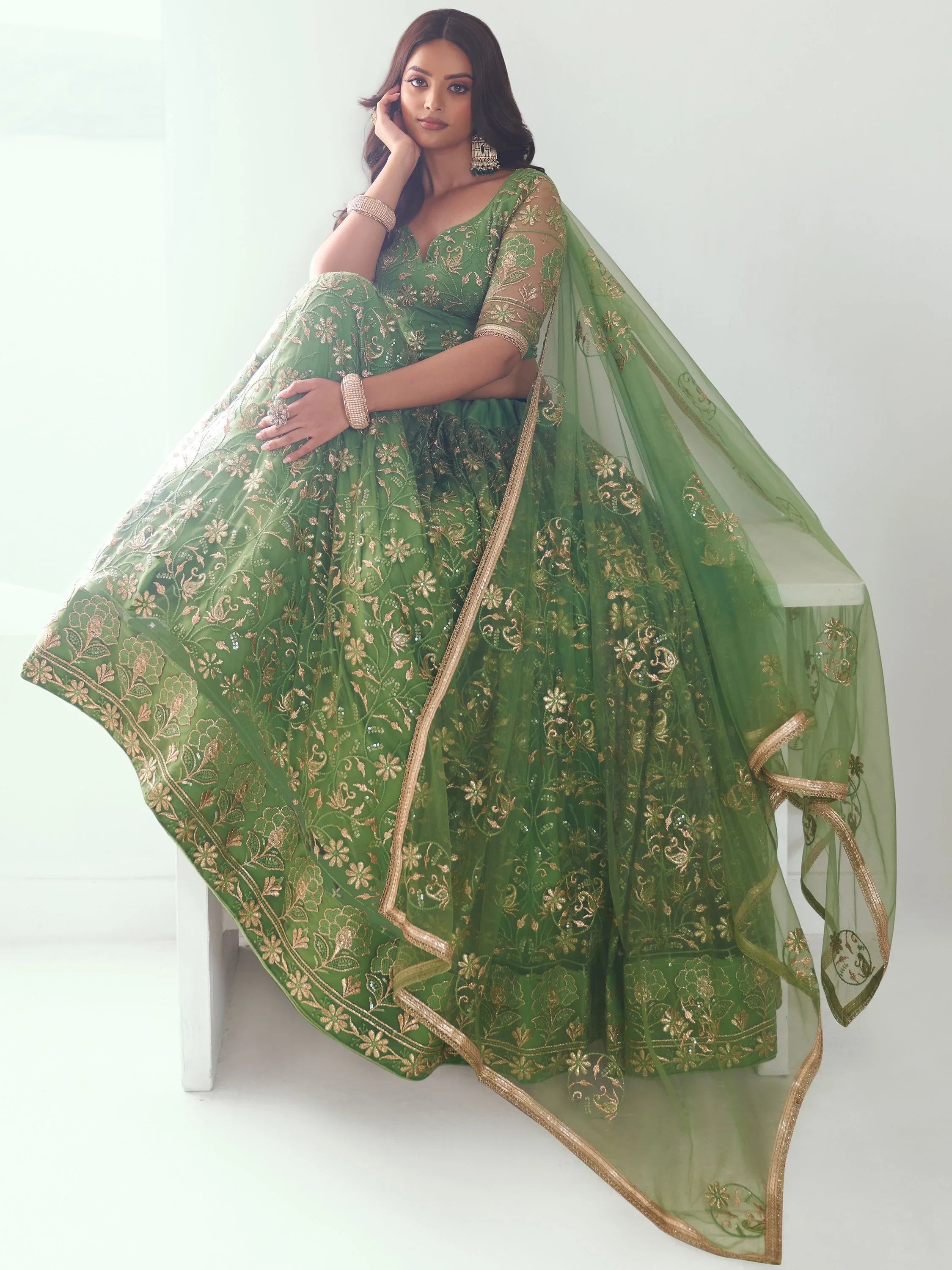 Green Color Embroidered Net Mehendi Wear Lehenga Choli for Women