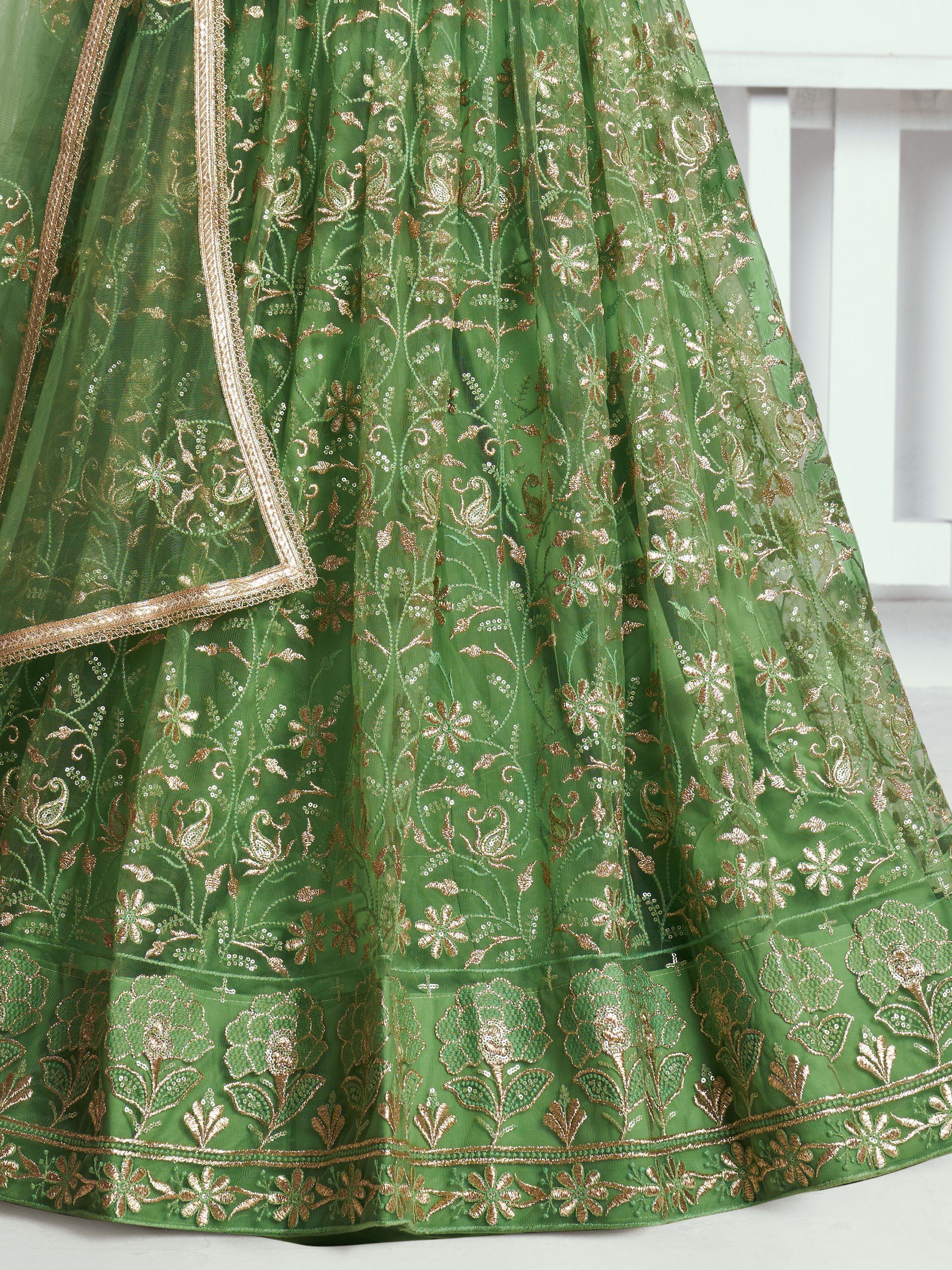 Green Color Embroidered Net Mehendi Wear Lehenga Choli for Women