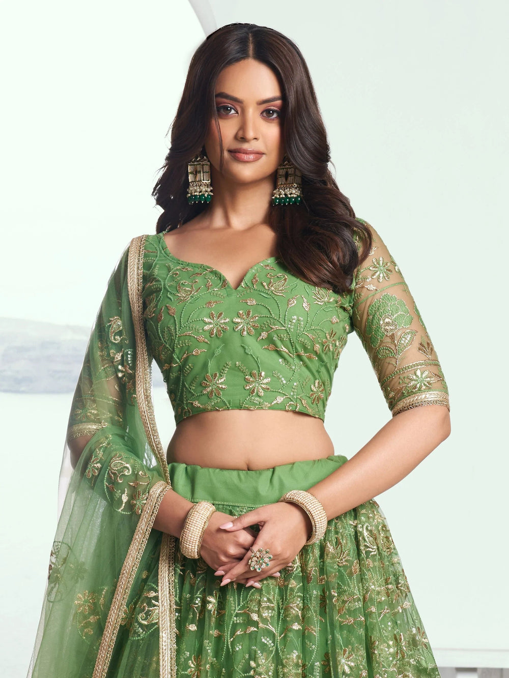 Green Color Embroidered Net Mehendi Wear Lehenga Choli for Women