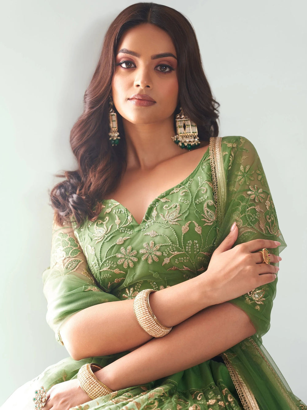 Green Color Embroidered Net Mehendi Wear Lehenga Choli for Women