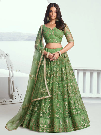 Green Color Embroidered Net Mehendi Wear Lehenga Choli for Women