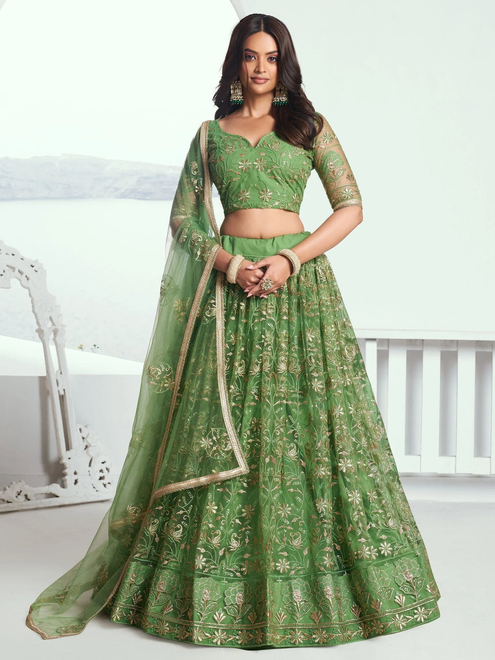 Green Color Embroidered Net Mehendi Wear Lehenga Choli for Women