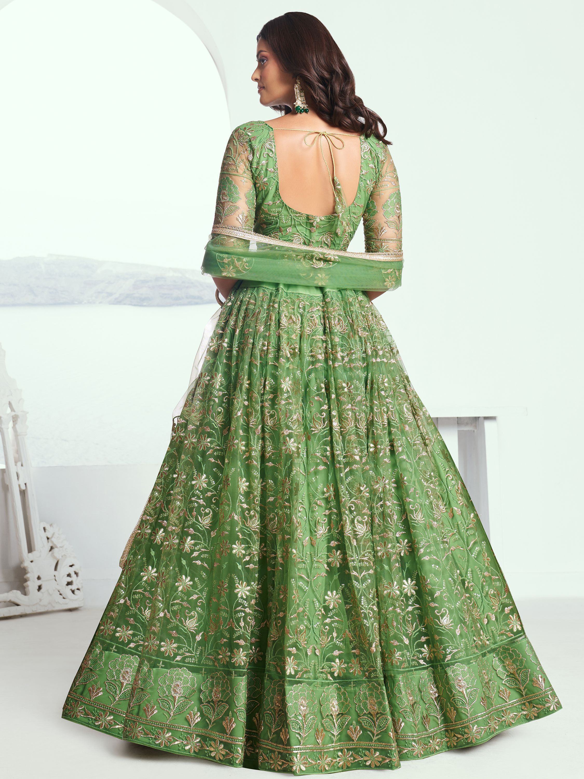 Green Color Embroidered Net Mehendi Wear Lehenga Choli for Women