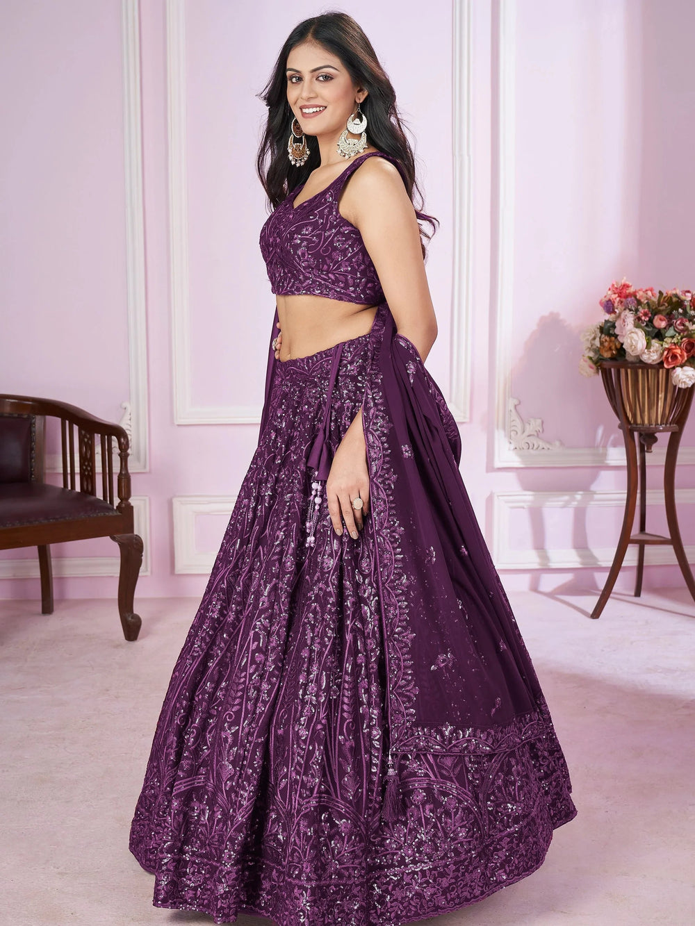Purple Iconic Sequins Georgette Wedding Lehenga Choli Festive Collection