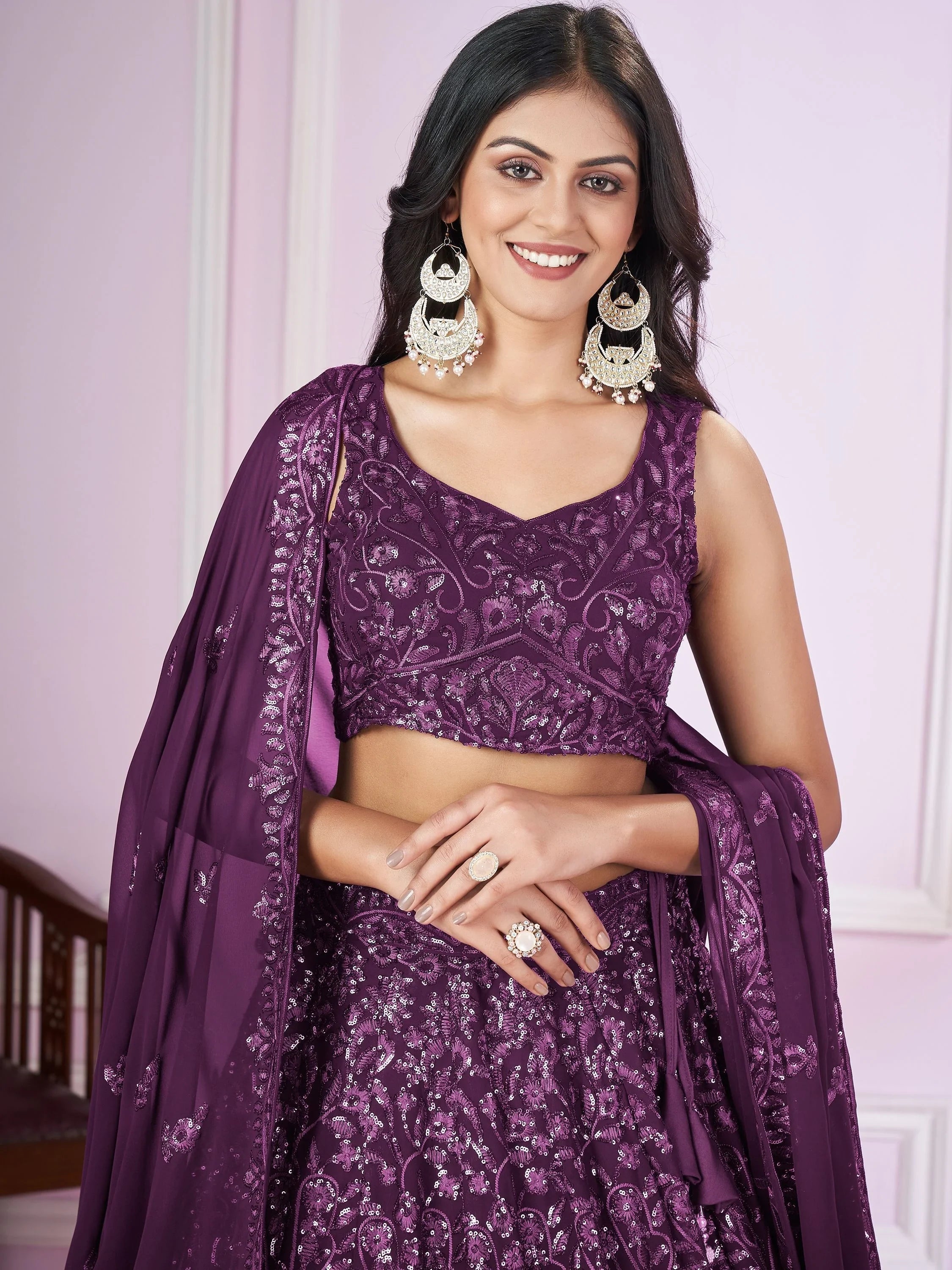 Purple Iconic Sequins Georgette Wedding Lehenga Choli Festive Collection