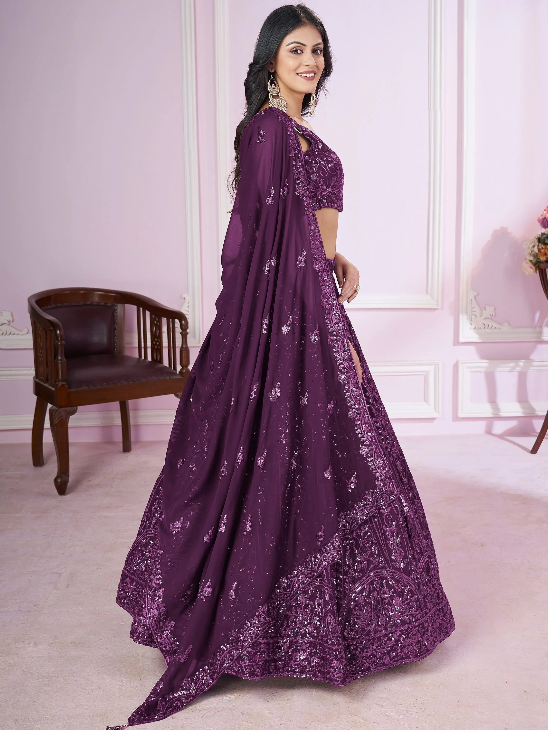 Purple Iconic Sequins Georgette Wedding Lehenga Choli Festive Collection
