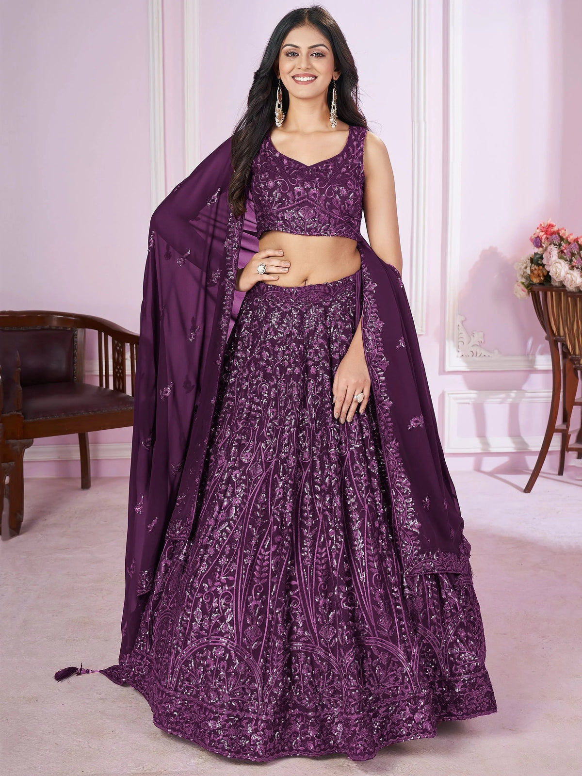 Purple Iconic Sequins Georgette Wedding Lehenga Choli Festive Collection