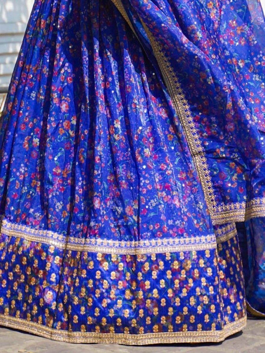 Blue Floral Printed Organza Reception Lehenga Choli for Ladies
