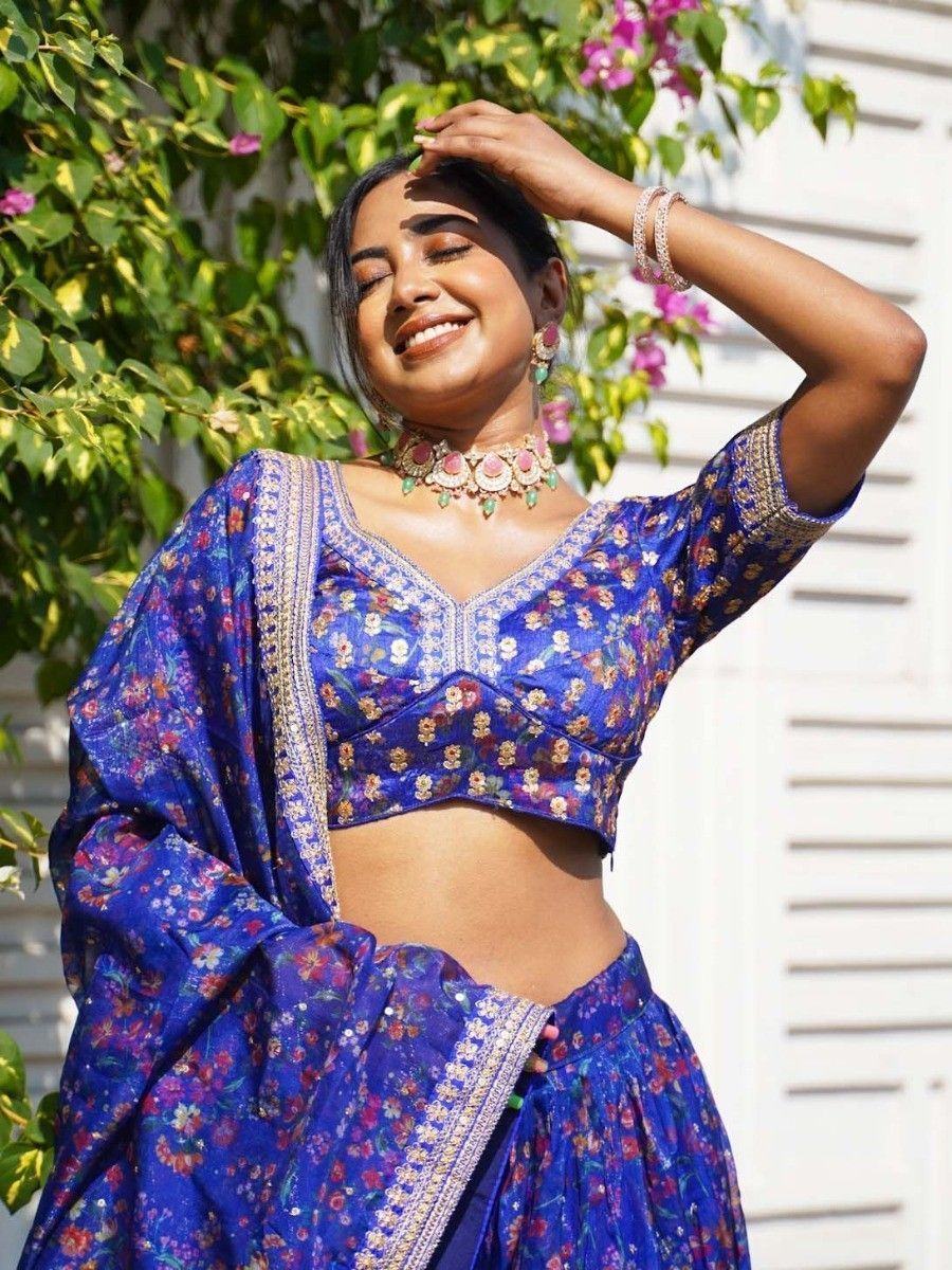 Blue Floral Printed Organza Reception Lehenga Choli for Ladies