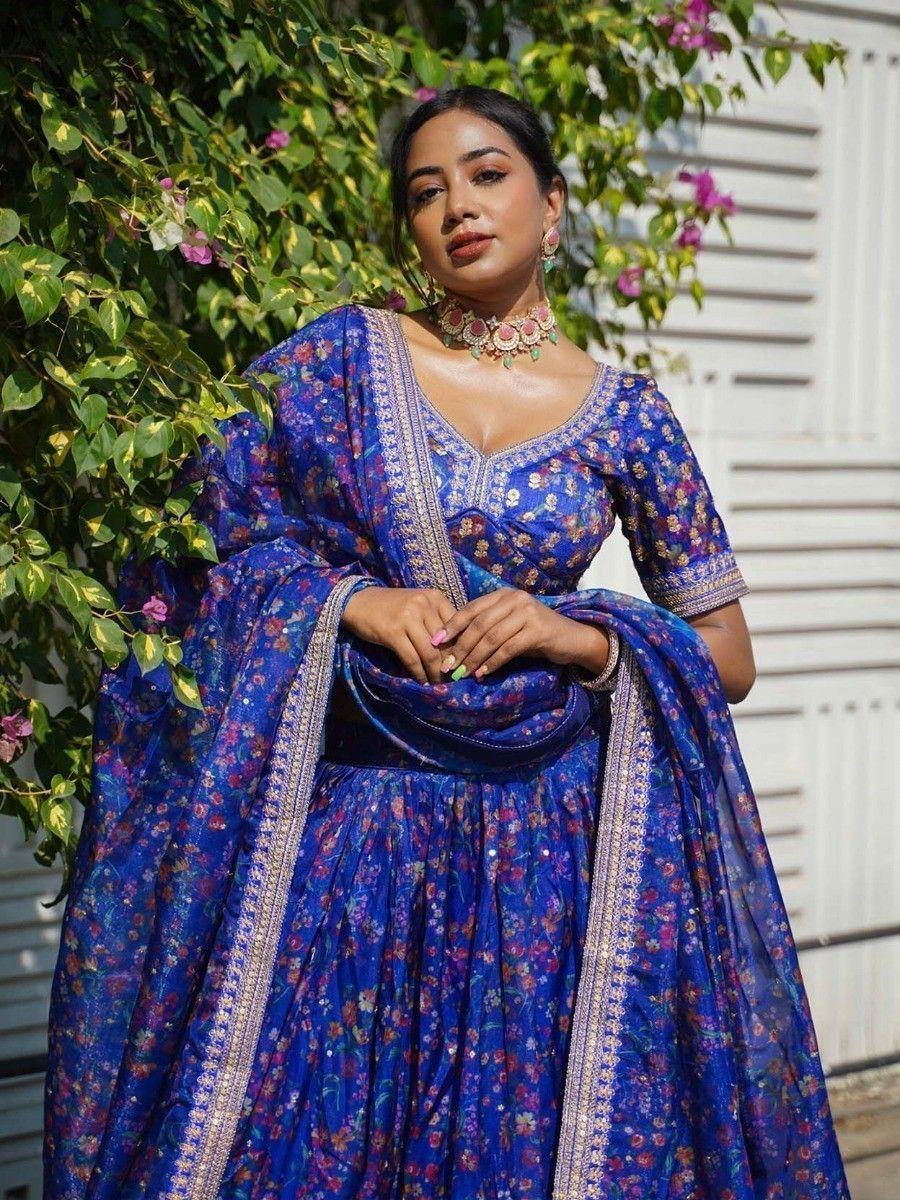 Blue Floral Printed Organza Reception Lehenga Choli for Ladies