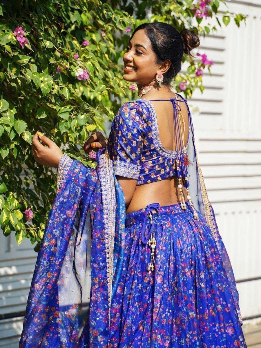 Blue Floral Printed Organza Reception Lehenga Choli for Ladies