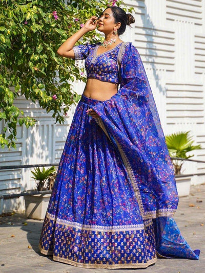 Blue Floral Printed Organza Reception Lehenga Choli for Ladies