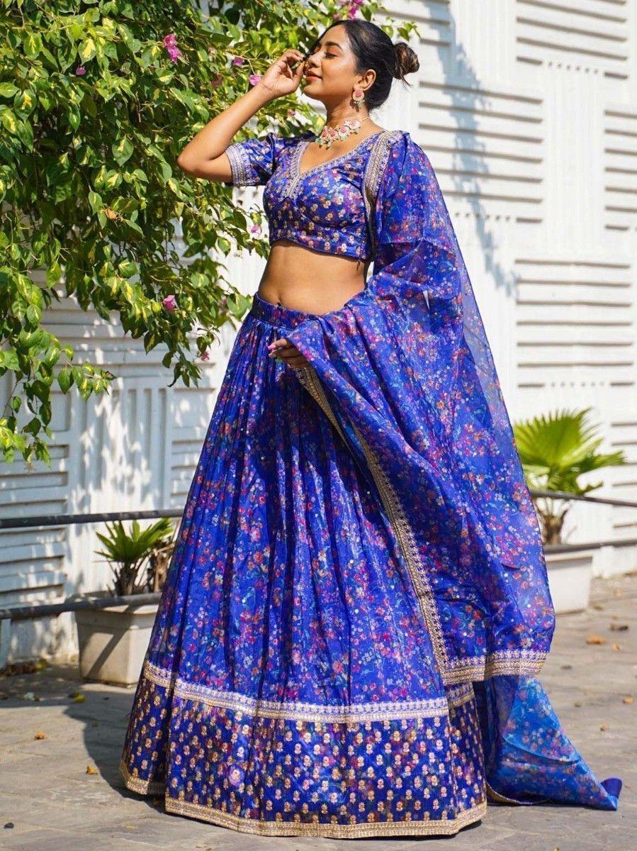 Blue Floral Printed Organza Reception Lehenga Choli for Ladies