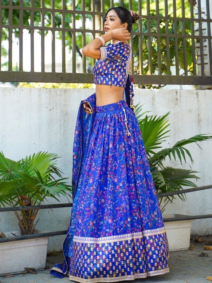 Blue Floral Printed Organza Reception Lehenga Choli for Ladies