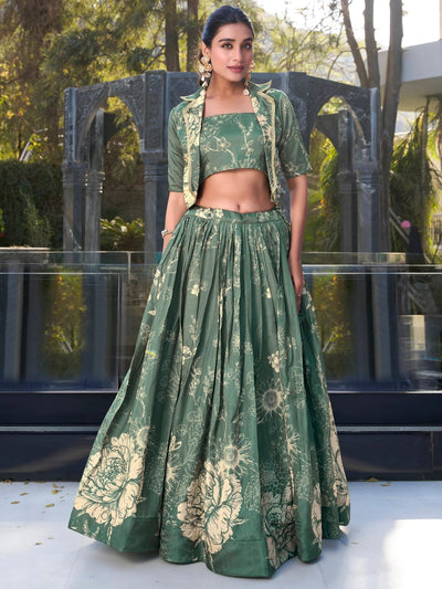 Bottle Green Tussar Silk Floral Crop Top Lehenga With Jacket