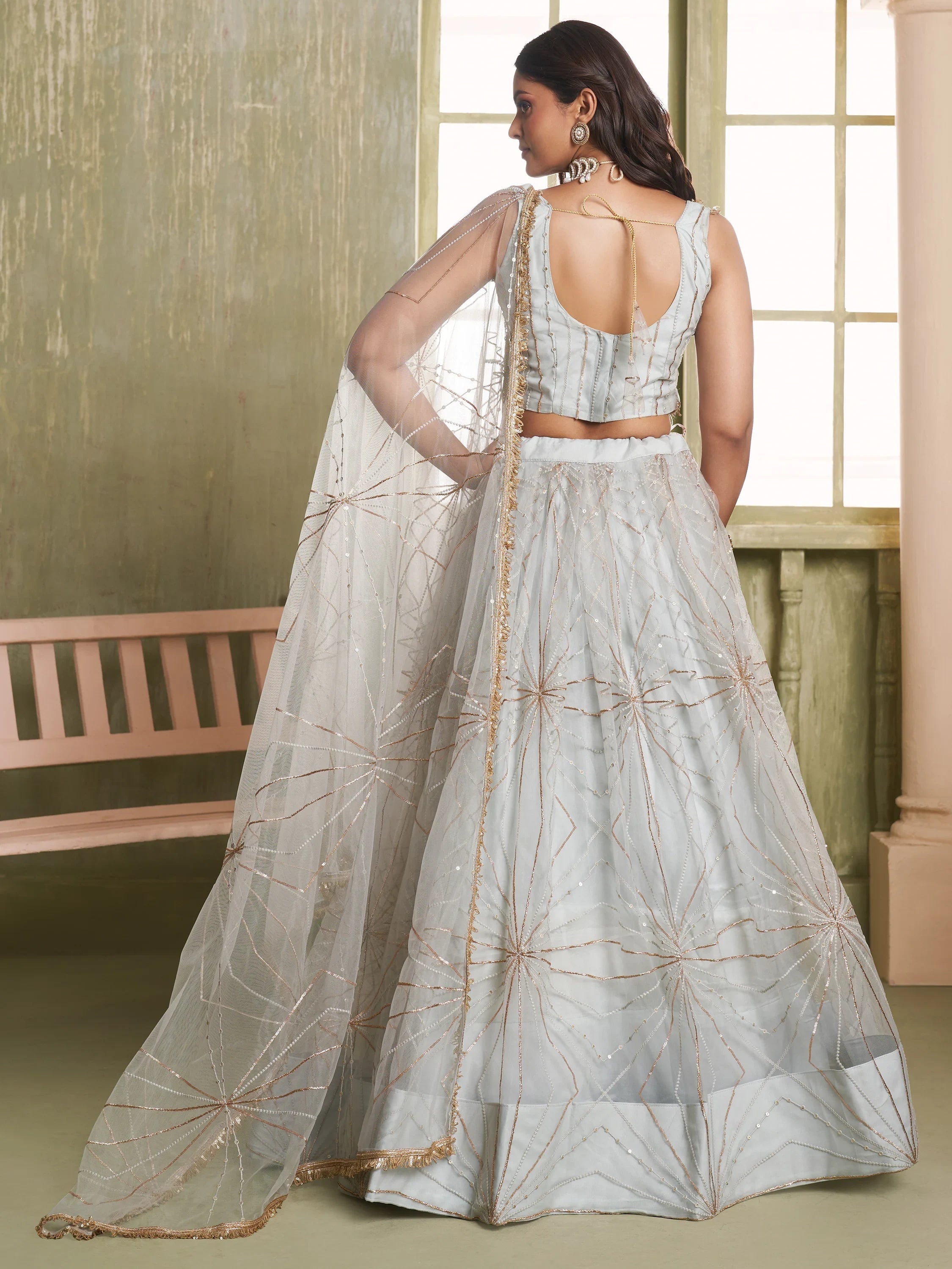 Light Grey Sequins Net Engagement Wear Lehenga Choli for Women
