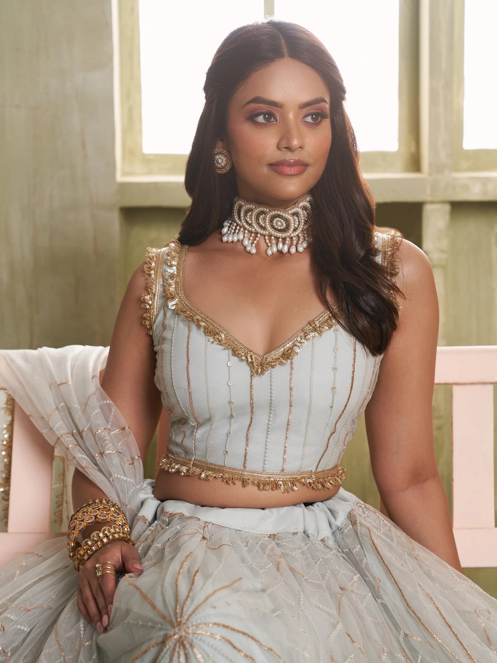 Light Grey Sequins Net Engagement Wear Lehenga Choli for Women