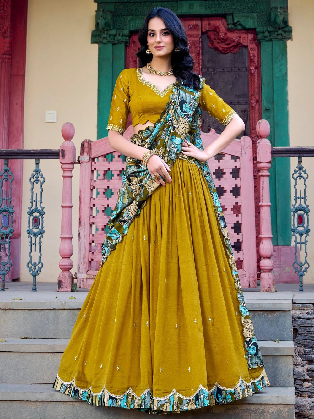 Vichitra silk embroidered lehenga choli with sequins work and dupatta for festival wear