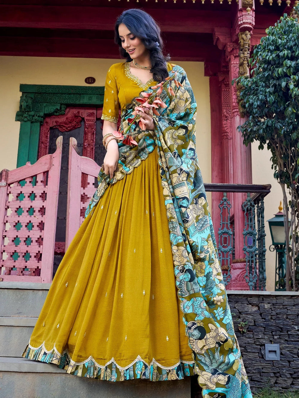 Vichitra silk embroidered lehenga choli with sequins work and dupatta for festival wear