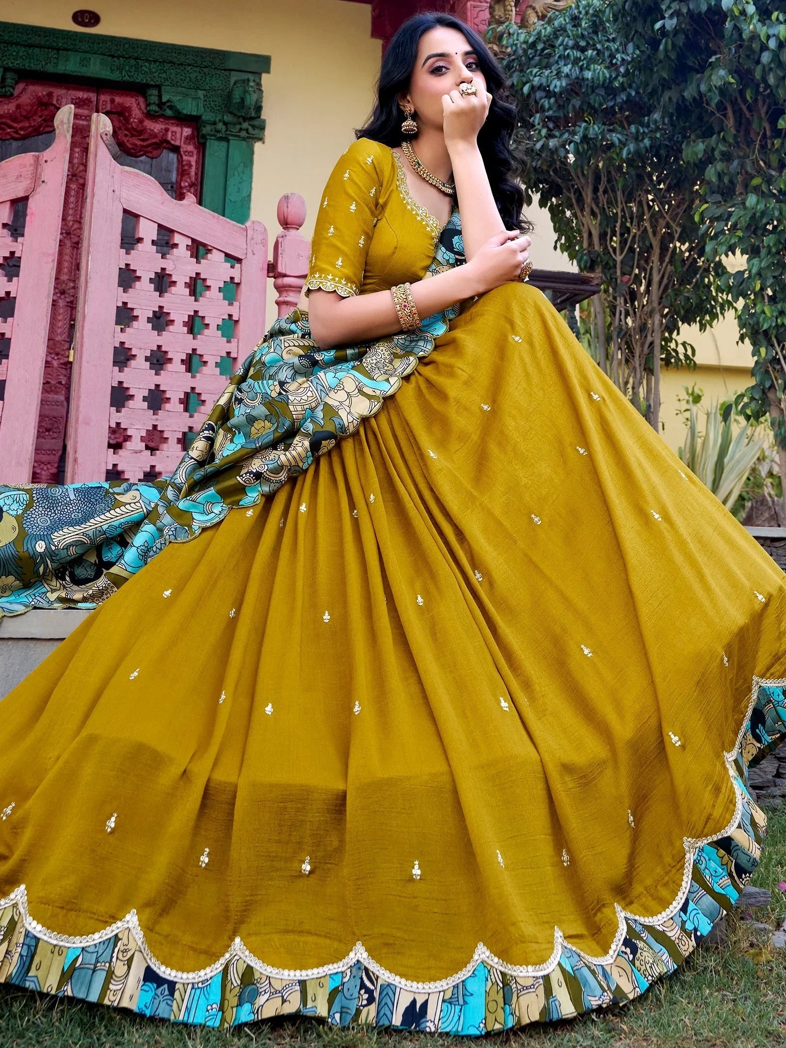 Vichitra silk embroidered lehenga choli with sequins work and dupatta for festival wear