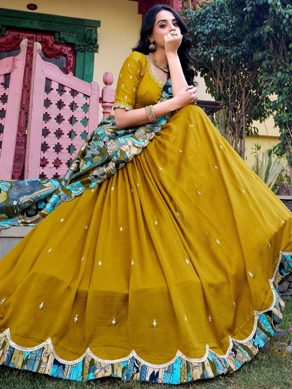 Vichitra silk embroidered lehenga choli with sequins work and dupatta for festival wear